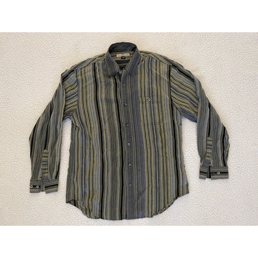 Tommy Bahama Mens M Green Grey Striped 100% Tencel Long Sleeve Button Down Shirt
